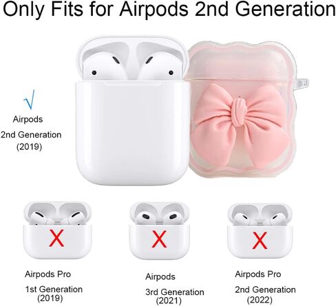 متوافق مع غطاء حافظة Apple AirPods الجيل الثاني الأول، تصميم لطيف ثلاثي الأبعاد على شكل ربطة عنق مقاوم للصدمات ناعم وشفاف من مادة TPU Kawaii Airpods 1/2 مع سلسلة مفاتيح للنساء والفتيات، وردي فيونكة in Kuwait