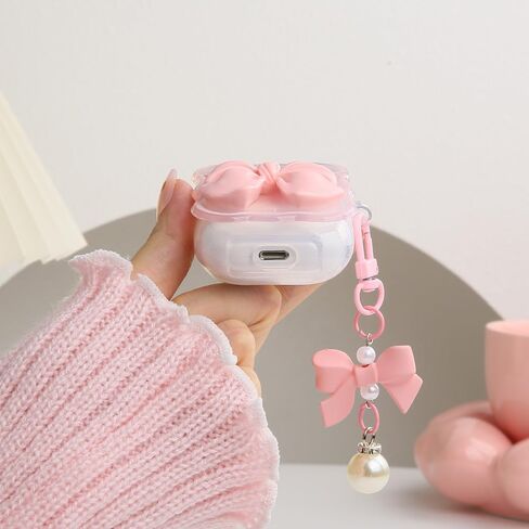 متوافق مع غطاء حافظة Apple AirPods الجيل الثاني الأول، تصميم لطيف ثلاثي الأبعاد على شكل ربطة عنق مقاوم للصدمات ناعم وشفاف من مادة TPU Kawaii Airpods 1/2 مع سلسلة مفاتيح للنساء والفتيات، وردي فيونكة in Kuwait