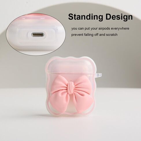 متوافق مع غطاء حافظة Apple AirPods الجيل الثاني الأول، تصميم لطيف ثلاثي الأبعاد على شكل ربطة عنق مقاوم للصدمات ناعم وشفاف من مادة TPU Kawaii Airpods 1/2 مع سلسلة مفاتيح للنساء والفتيات، وردي فيونكة in Kuwait