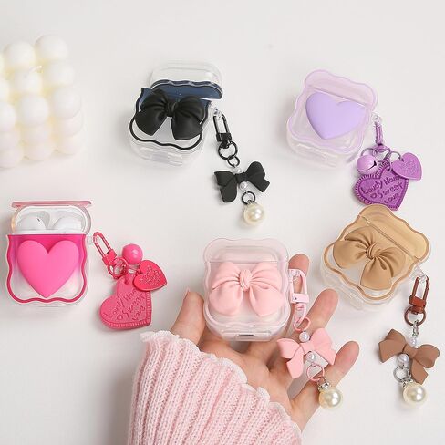 متوافق مع غطاء حافظة Apple AirPods الجيل الثاني الأول، تصميم لطيف ثلاثي الأبعاد على شكل ربطة عنق مقاوم للصدمات ناعم وشفاف من مادة TPU Kawaii Airpods 1/2 مع سلسلة مفاتيح للنساء والفتيات، وردي فيونكة in Kuwait