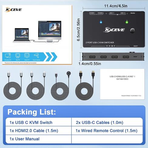 USB Type-C KVM Switch 4K@60Hz,2 in 1 Out Type-C KVM Switch for 2 Computers Share HDMI Monitor and USB Devices-Power Delivery 100W,Type-C KVM with USB-C Cable,HDMI2.0 Cable and Wired Remote in Saudi Arabia