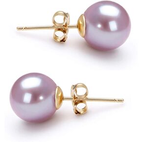 AAAA Grade 7mm Lavender Japanese Freshwater Cultured Pearl Stud Earrings, Solid 14k Yellow Gold, Natural Color Round, Gift Box and Certificate in Saudi Arabia