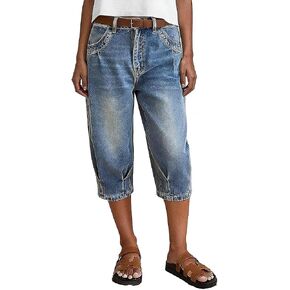 Flamingals Straight Leg Mid Rise Capri Jeans for Women Wash Pleated Trendy Loose Fit Denim Jeans Without Belt in Kuwait