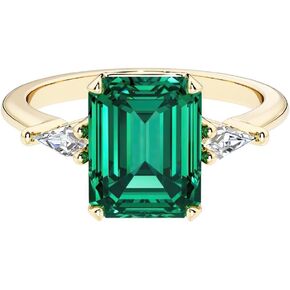 Solid 14k White or Yellow Gold 2 Carats Emerald Cut Lab Grown Emerald Ring with Kite Shape Diamond Sides, 3 Stone Engagement, May Birthstone, Birthday, Anniversary, Wedding Gift for Women, w/ Jewelry Box, Sizes 4-10 in Saudi Arabia