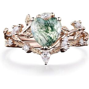 Premium Natural Moss Agate Engagement Ring Sets for Women Nature Inspired Vintage 2CT Moss Agate Women's Bridal Rings Sets Silver 10K/14K/18K Gold Wedding Band Luxury Jewelry Gifts in Saudi Arabia