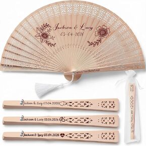 YSDZDM 50Pcs Personalized Fans for Wedding Guests Bulk Custom Wooden Hand Fan Foldable Wedding Favors for Guests Birthday,Party Favors with Organza Bags & Tassels in Saudi Arabia