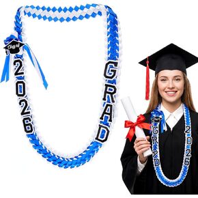 Graduation Lei 2026, Blue Double Strand Ribbon Lei | Handwoven, Decorated with Letters, Wreath & Graduation Cap, High School & Graduation ceremonies, DIY Decors Party Supplies in Saudi Arabia