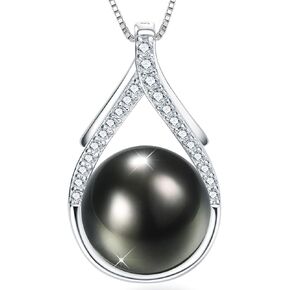 Tahitian Black Pearl Necklace, 10-12mm Round Real Pearls Jewelry,18+2" Sterling Silver Chain 18K Gold Plated Pendant - Gifts for Women Wife Anniversary Birthday Val Wedding Mothers Christmas Day Gift in Saudi Arabia