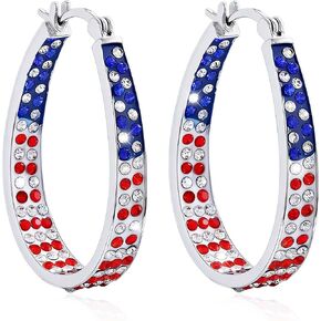 Go Ho 4th of July Patriotic Hoop Earrings, American Flag Red White and Blue Sparkly Crystal Jewelry for Women, Independence Day Accessories for Shirts Outfits in Saudi Arabia