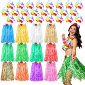 HOFASON 12PCS Luau Hawaiian Grass Skirts With 24PCS Wristbands Party Decorations Bulk for Women Adult, Hibiscus Flowers Hula Skirt for Tropical Beach Holiday Birthdays Party Favor Supplies Multicolor in Saudi Arabia