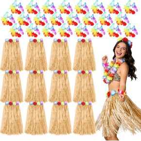HOFASON 12PCS Luau Hawaiian Raffia Skirts With 24PCS Wristbands Party Decorations Bulk for Women Adult, Hibiscus Flowers Hula Skirt for Tropical Beach Holiday Birthdays Costume Party Favor Supplies in Saudi Arabia