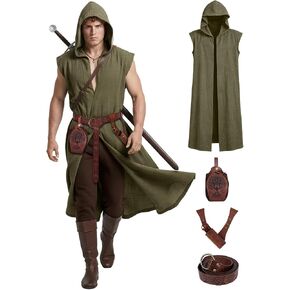Renaissance Costume Set for Men - 4PC Medieval Viking Hooded Sleeveless Surcoat, Ren Faire Halloween Cosplay Outfit in Saudi Arabia