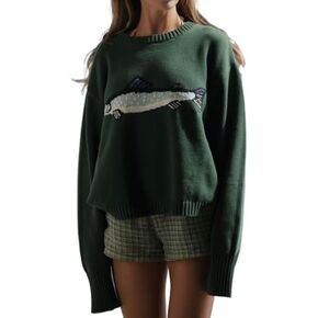 Y2k Fish Graphic Crochet Chunky Sweater Women Vintage Cottagecore Oversized Streetwear in Saudi Arabia