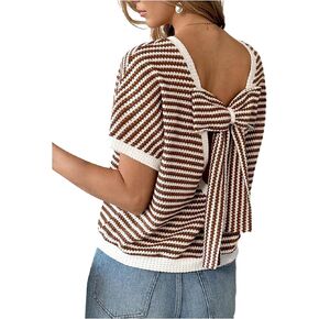 SHENHE Women's Striped Short Sleeve Sweater Bow Back Crew Neck Summer Knit Top Sweater Pullover in Kuwait