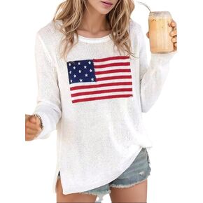 Women's Split Hem Sweater - Crew Neck Long Sleeve USA Flag Tops for Independence Day Beach Daily Wear in Saudi Arabia