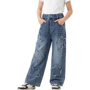 Baggy Jeans for Girls Wide Leg Ripped High Elastic Waisted Denim Pants Cute Summer Trousers Y2K Streetwear 3-14Y in Kuwait