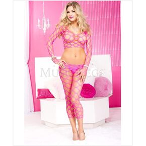 MUSIC LEGS Spandex Multi Fence Net بأكمام طويلة مع لباس ضيق بدون أقدام، وردي فاقع in Kuwait