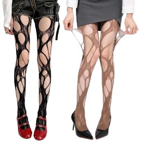 2 Pair Halloween Ripped Fishnet Tights Gothic Punk Irregular Hole Hollow Out Mesh Y2k Lace Pantyhose for Women Cosplay Party Accessories (Black, Brown) in Saudi Arabia