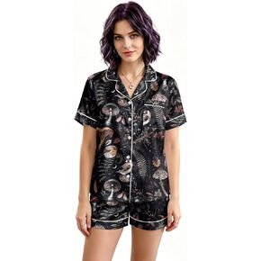 Women's Satin Pajama Set Short Sleeve Button Down Gothic Sleepwear with Pockets in Saudi Arabia