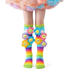 Crazy Socks for Kids Girls 3-12 Years – Rainbow Knee High Socks with 3D Plush Smiling Flowers, Silly Wacky Colorful Socks for Crazy Sock Day Birthday Gifts in Saudi Arabia