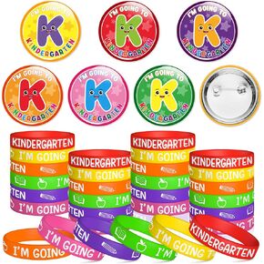 Preschool Graduation Party Favors - 56Pcs I'm Going to Kindergarten Button Pins with Silicone Bracelet Class of 2025 Congrats Grad Rubber Wristband Badges Pins for Kids Ceremony Exchange Reward Gift in Saudi Arabia