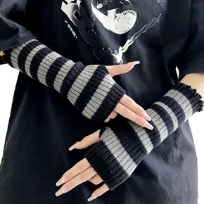 Punk Arm Warmers Goth Y2k Striped Knit Fingerless Grunge Gloves with Thumb Hole Japanese Harajuku Cosplay Style in Saudi Arabia
