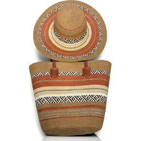 Women's Wide Brim Sun Hat UPF50 Straw Summer Floppy Beach Hat & Large Straw Beach Bag with Zipper Woven Tote Handbag Travel Vacation Accessories Khaki in Saudi Arabia
