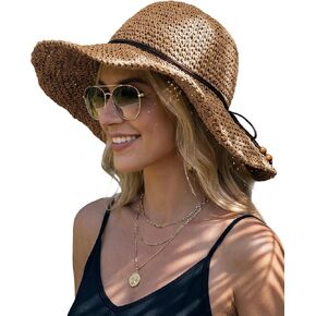 Hat Hut Floppy Beach Hat Crochet Straw Sun Hats for Women Wide Brim Handmade Summer Travel Hat Foldable Packable (US, Alpha, One Size, Khaki) in Saudi Arabia
