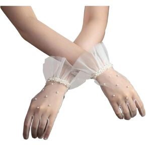 Wedding Bridal Gloves Tulle Ruffled Edge Pearls Beading White Short Wrist Brides Suitable for weddings in Saudi Arabia