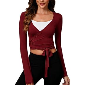 Women's Pilates Wrap Tops V-Neck Cross Tie Long Sleeve Shirt for Ballet Dance Yoga Workout in Saudi Arabia