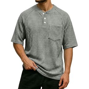 Mens Waffle Knit Short Sleeve Henley, Lightweight Athletic Fit Tee, Breathable Casual Wear for Summer & Gym in Saudi Arabia