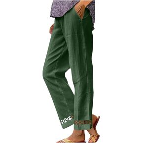 Summer Straight Leg Pants – Cotton Linen Elastic Waist with Lace Panel, Breathable Solid Color Trousers for Women in Saudi Arabia