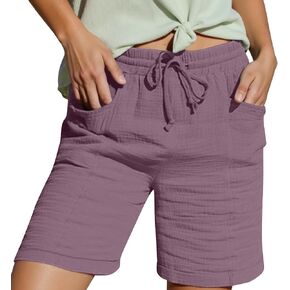 Knee Length Shorts for Women Casual Summer 2026 Drawstring High Waisted Lounge Bermuda Linen Shorts with Pockets in Saudi Arabia