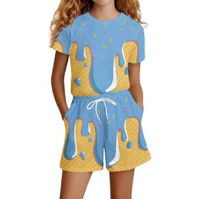 Girls Casual Short Sleeve Outfit Set Comfortable Daily Wear Playwear T Shirt Top and Pants for Spring Summer Fall Seasons in Kuwait