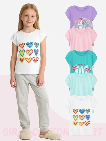 5 Pack Girls T-Shirts Cotton Graphic Tee Shirts Tops Clothes for Kids Girls Short Sleeve 5-12 Years in Saudi Arabia