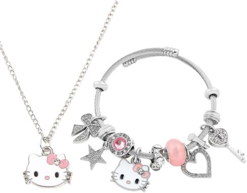 Cartoon Kitty Bracelets and Necklace Set For Valentine's Day gift Beads Charms Adjustable Stainless Steel Chain Accessories Cute Stuff Bangle Gifts for Women gift for girl birthday gift. in Kuwait