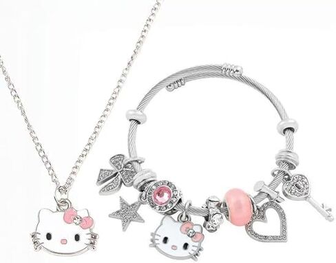 Cartoon Kitty Bracelets and Necklace Set For Valentine's Day gift Beads Charms Adjustable Stainless Steel Chain Accessories Cute Stuff Bangle Gifts for Women gift for girl birthday gift. in Kuwait