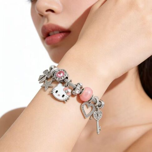 Cartoon Kitty Bracelets and Necklace Set For Valentine's Day gift Beads Charms Adjustable Stainless Steel Chain Accessories Cute Stuff Bangle Gifts for Women gift for girl birthday gift. in Kuwait