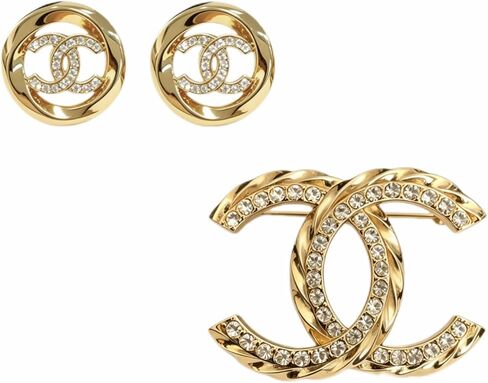 Gold Tone Interlocking Crystal Rhinestone Jewelry Set, Sparkly Hollow Brooch Pin + Matching Stud Earrings, Luxury Fashion Jewelry for Women Daily & Evening Wear in Kuwait