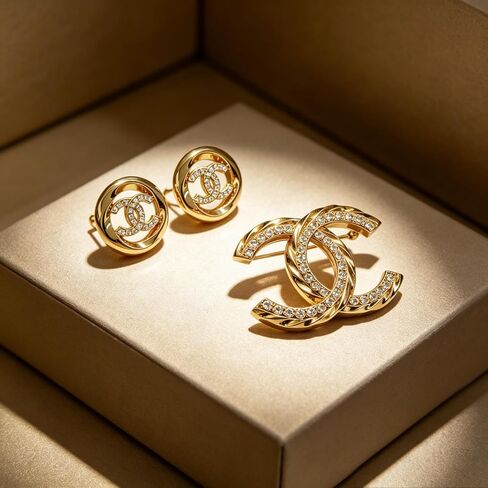 Gold Tone Interlocking Crystal Rhinestone Jewelry Set, Sparkly Hollow Brooch Pin + Matching Stud Earrings, Luxury Fashion Jewelry for Women Daily & Evening Wear in Kuwait