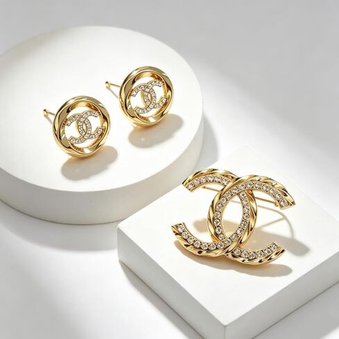 Gold Tone Interlocking Crystal Rhinestone Jewelry Set, Sparkly Hollow Brooch Pin + Matching Stud Earrings, Luxury Fashion Jewelry for Women Daily & Evening Wear in Kuwait