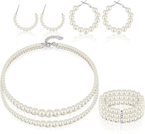 Glenmal Pearl Rhinestone Jewelry Set for Women Pearl Necklace Bracelet Earrings for Wedding Birthday Bridal Shower Tea Party in Kuwait