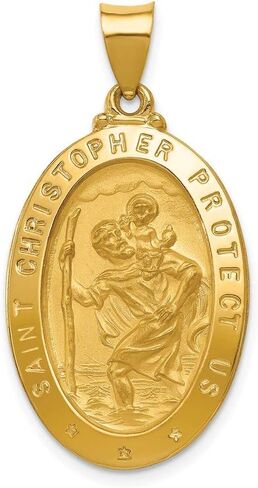 14k Yellow Gold Hollow Polished and Satin St. Christopher Medal Charm Pendant in Saudi Arabia