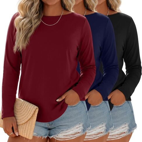 Ficerd 3 Pack Womens Plus Size Long Sleeve Tops Crew Neck Loose Fit T Shirt Stretchy Casual Winter Tops Basic Tees Shirts in Saudi Arabia