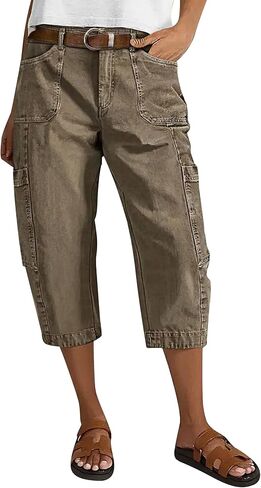 Flamingals Straight Leg Mid Rise Capri Pants for Women Vintage Wash Pocket Side Barrel Chino Keen Length Summer Pants Trendy in Saudi Arabia