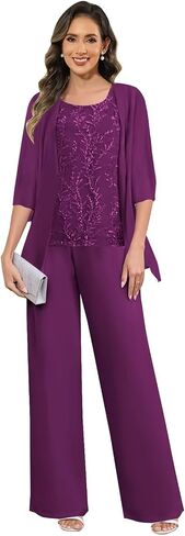 3 Pieces Lace Applique Mother of The Bride Pant Suits for Wedding Dressy Formal Outfit Set with Jacket in Saudi Arabia