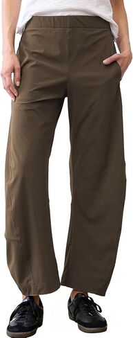 SeeLuNa Women Barrel Travel Pants Elastic Waistband Tapered Leg Baggy Mid Rise Work Trousers Lounge Pant with Pockets in Kuwait