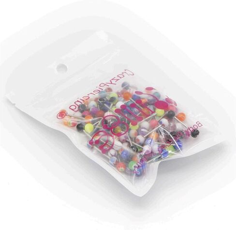 CrazyPiercing 110 قطعة بالجملة 14 جرام حلقة اللسان الحدائد الفولاذ المقاوم للصدأ بار حلقات اللسان ألوان متنوعة للنساء والرجال in Kuwait