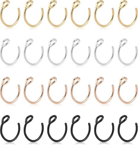 Oubaka 24PCS Fake Nose Ring Hoop Clip On, 20G Stainless Steel Nose Piercing Faux Noses Septum Ring Jewelry Fake Lip Hoop Rings Non Piercing Lip Rings for Women Men(4 Colors) in Kuwait