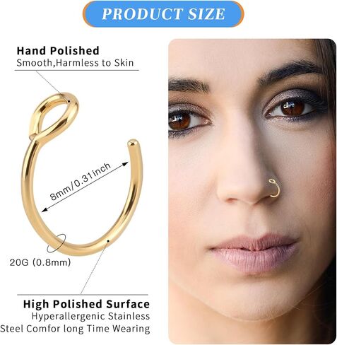 Oubaka 24PCS Fake Nose Ring Hoop Clip On, 20G Stainless Steel Nose Piercing Faux Noses Septum Ring Jewelry Fake Lip Hoop Rings Non Piercing Lip Rings for Women Men(4 Colors) in Kuwait